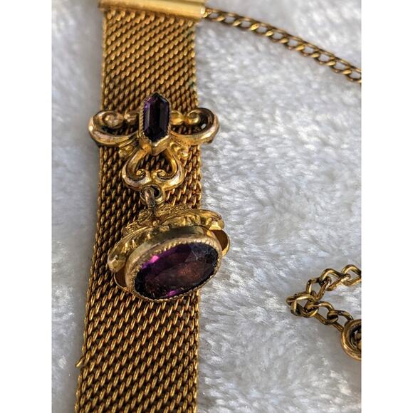 Antique Gold Fill Vest Pocket Clip Watch Chain Mesh Charm Victorian w/ Amethysts - Picture 6 of 12
